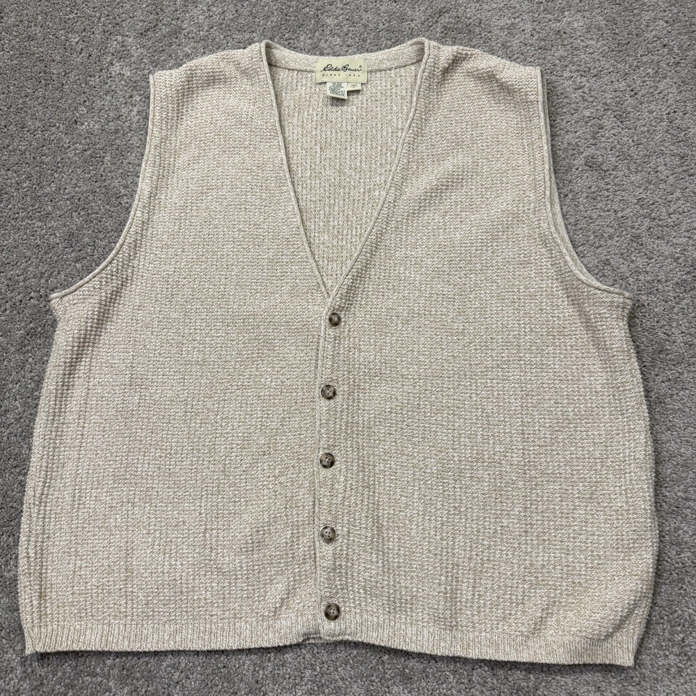 VTG 90s Eddie Bauer Sweater Vest Cardigan Beige Chunky Knit Mens Large USA